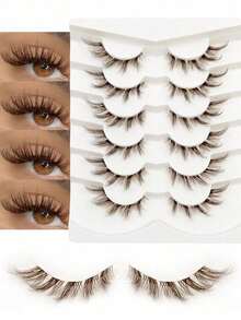 Rikuaild New 6 Pairs Fluffy Brown Lashes False Lashes Transparent Stem Invisible Band Lashes Crisscross Curl Fox Eye Effect Faux Mink Lashes Strip Lashes,Lashes,Eyelashes,Fake Lashes - 貓眼假睫毛 4 - 查看 1