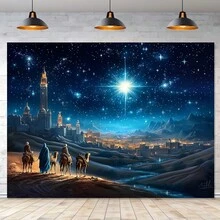 1pc 2026 Christmas Decoration Backdrop, Nativity Scene With Starry Night, Camel Caravan And Bethlehem Star Banner, Christmas Baptism Birthday Party Wall Decor, New Year Santa Claus Gift - Multicolor - View 3