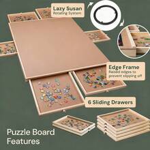 Wooden Jigsaw Puzzle Board Portable Puzzle Storage Table W 6 Slid Drawer 60pcs - Wood Color - View 4