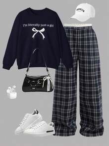 College Style Outfit From Europe And America, Tween Girls' 2-Piece Set With Bow-Tie Printed Sweatshirt And Plaid Trousers Casual Wear - Navy Blue - View 9