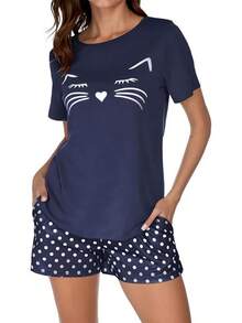 VIOPY Conjunto Pijamas Mujer 2 Piezas Pijama de Short Mujeres Cuello Redondo con Lindo Gráfico de Gato Bolsillo - Azul marino - Ver 10