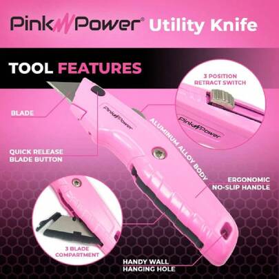 Box Cutter Retractable, Pink Utility Knife For Carpet, Cute Box Cutter Knife Heavy Duty With 3 Blades And Storage Compartment - Opener Pocket Utility Tools For Women,24011298