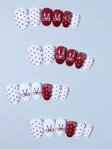24Pcs/Set Short Oval Bow And Polka Dot Nails Design French Tip Press On Nails Acrylic ,Short Nails ,Include: 1pc Jelly Glue And 1pc Nail File, Valentine Nails And Polka Dot Nails Make Your Fingertips Shine And Beautiful,Very Suitable For Woman Girl Daily Work & Rave Party Use