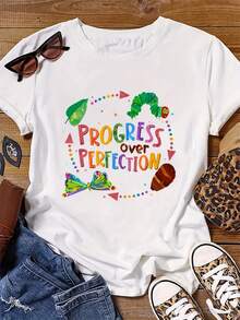 Short-Sleeved PROGRESS Colorful Plus-Size Crew Neck Fashion T-Shirt - trắng - Xem 4