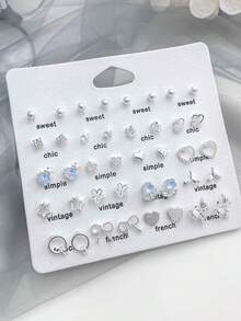 40pcs Zinc Alloy Cute & Delicate Earring Set, Butterfly & Crown Design, Versatile Daily Wear For Women - Blue - View 5