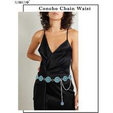 Turquoise Concho Belt Women - Silver Western Waist Belt Boho Chain 53 Inch - Vintage Turquoise Belt For Dresses, Jeans, Costumes - 多色666 - 查看 3