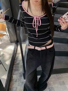 Vintage Long Sleeve Striped T-Shirt, Fitted Women Top For Spring Summer Black - Black - View 4