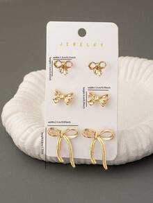 3 Pairs Golden Color Bow Stud Earrings Set Bowknot Earrings Set Girl Fashion Jewelry Bow Accessories