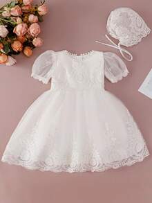 新生儿/婴儿女孩高端刺绣薄纱连衣裙，适合婚礼、生日派对、特殊场合 - 白色 - 查看 2