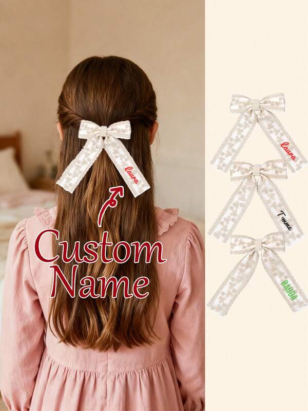 1pc Custom Name Beige Lace Hair Bow For Girls Long Tail Customized Bow Alligator Clip Glossy Faux Pearl Personalized Hair Clip Elegant Daily Barrettes Simple Princess Hairpin Kids Hair Accessory
