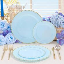 100pcs Plastic Plates With Gold Beads Plates Heavy Duty Party Supplies Includes 10.25inch Dinner Plate And 7.5inch Dessert Disposable Plate For Party,Wedding,Bridal Showers - 藍色 - 查看 7