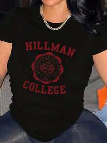 Women's Casual T-Shirt With Hillman College Vintage Logo Print For School Spirit And Daily Wear, Fast Arrival , ,   Round Neck Short Sleeve Knit Polyester Tee, Fashionable For Summer Daily Wear-Unisex Loose 100% Cotton T-Shirt - 黑色 - 查看 5