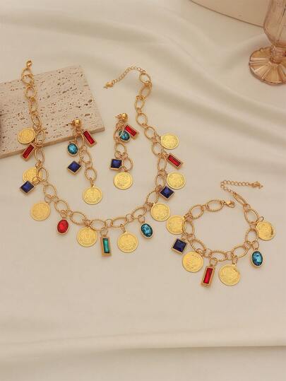 1 Set de Joyería de Estilo Bohemio con Gemas de Colores, Monedas y Borlas - Collar Vintage, Pulsera, Pendientes de 3 Piezas, Adecuado para Uso Diario de Mujeres y Como Regalo de Vacaciones