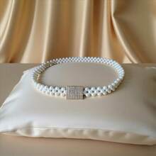 Women's Elastic Pearl Belt With Gold Buckle And Rhinestones - 白色 - 查看 5