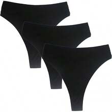 High Waisted Cotton Thongs For Women, Breathable Plus Size Multipack - 黑色*3 - 查看 1