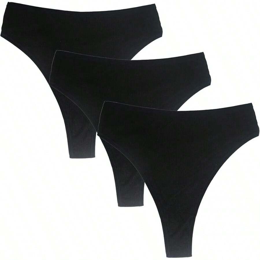 High Waisted Cotton Thongs For Women, Breathable Plus Size Multipack - 黑色*3 - 查看 1