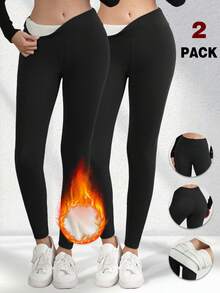 2 chiếc quần legging nữ cạp cao giữ nhiệt, màu trơn, dáng ôm sát, dày dặn, thích hợp mặc hàng ngày, ngoài trời, tập yoga, thể thao, mùa đông. - Nhiều màu - Xem 1