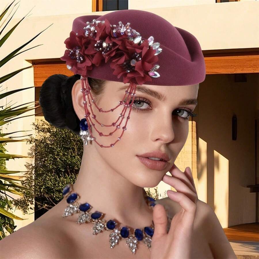 Retro British Hat For Women Elegant 3D Floral Rhinestone Decorated Flight Attendant Cap Beret Cosplay Costume Accessories - Màu Đỏ Sâu - Xem 1
