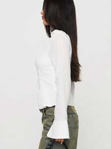 Women V Neck Button Down Slim Shirt Y2K Long Bell Sleeve Collared Fitted Crop Top Work Blouse Party Shirts - 白色 - 查看 4