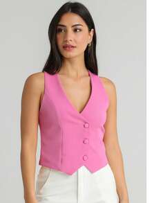 Women's Short Lined Tailored Vest With Buttons, Formal, V-Neck - Light Pink - View 2