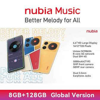  Nubia, Smartphone, Nubiamusic, PopArt, Olåst, Android 13, (4 GB RAM + 4 GB Fusion) + 128 GB ROM, 5000 mAh Batteri, Dubbelt SIM-kort 4G, DTS:X® Ultra, 600 % högre volym, NFC stöds, 4G LTE, Global version