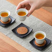 1 件日式竹编隔热黑色塑料杯垫和杯架套装，高端茶道配件 - 适用于厨房、餐厅、接待室、办公室、家居装饰 - 彩色 - 查看 12