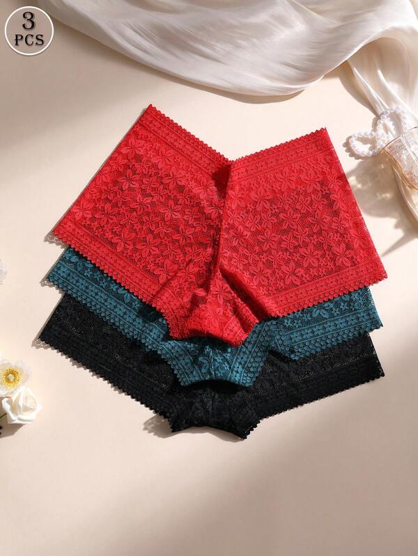 3 Stücke Damen Spitzen-Splicing Mittlere Taille Boxer Shorts Unterwäsche Set - Sexy Po-Enhancer Höschen Bequem Dehnbar Cheeky Höschen Für Alltag & Sport Yoga Lingerie