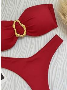 Red Strapless Bikini Top With Buckle, With Removable Padding, Elegant, Casual, Ring Knot, Summer - Rojo - Ver 3
