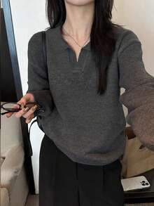 2025春季宽松柔软圆领套头衫女式毛衣上衣休闲 - 深灰色 - 查看 2
