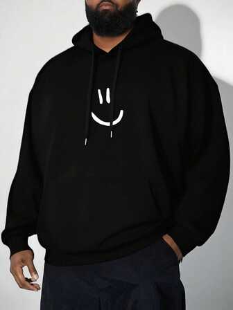 Plusstorlek herrtröja med ansiktstryck, nedsänkt axel, långärmad, casual, dragsko och huva för gatan, höst/vinter