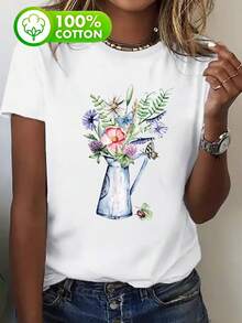 Camiseta de manga corta para mujer con cuello redondo - Ropa ligera para uso diario con impresiones personalizables - blanco - Ver 1