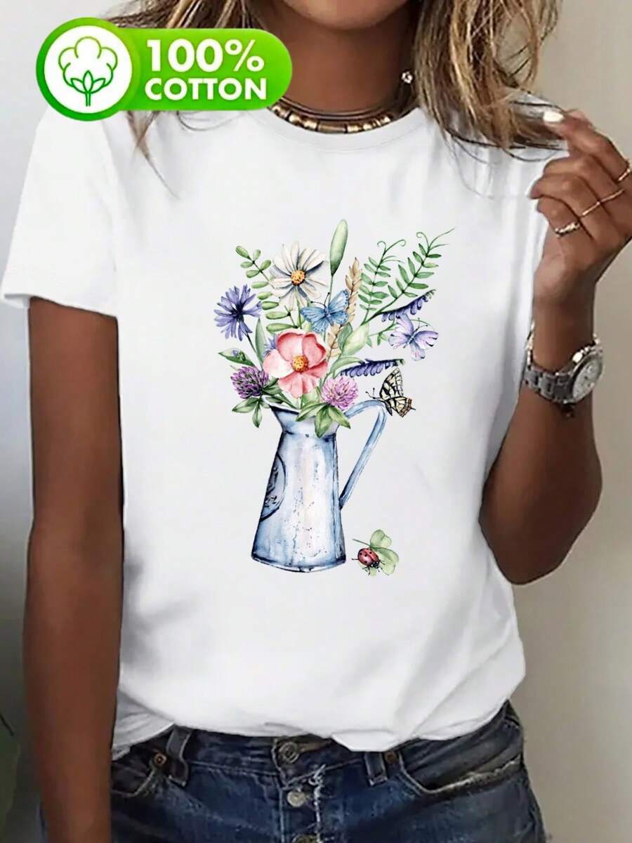 Camiseta de manga corta para mujer con cuello redondo - Ropa ligera para uso diario con impresiones personalizables - blanco - Ver 1