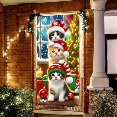 1pc Polyester Christmas Door Banner - Multipurpose Kitten & Christmas Tree Door Valance Decor - Ideal For Wall Backdrops And Party Supplies, No Electricity Or Battery Required (70.87x35.43 Inches)