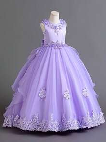Flower Girl Dress Princess Puffy Tulle Dresses Bridesmaid Wedding Birthday Party Pageant Maxi Prom Gown For Kids - Màu tím hoa cà - Xem 8