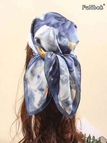 1pc Faux Silk Printed Bandana Scarf Multi Purpose Hair Accessory Women Scarf Silk Scarves - Blue Gray - View 5