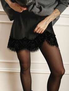 Women Satin Silk Half  Short Skirts Elastic Waist Lace Trim Skirt Low Rise Coquette Lace Underskirts Streetwear - 黑色 - 查看 3