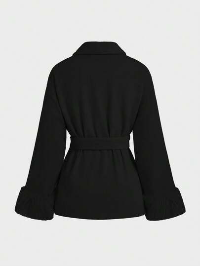Minimalist Casual Chic Commuter Wool Blend Long Sleeve Coat, Solid Color Faux Shearling Patchwork Women's Jacket Black
