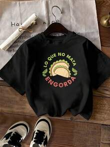 La camiseta gráfica Taco Lover's Delight para hombre presenta un divertido estampado en español que dice "Lo que no te mata, engorda" para un estilo casual, cómodo y único para los amantes de la comida. ¡Extragrande! - Negro - Ver 2