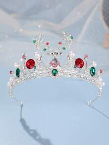 1pc Christmas Bridal Deer Crown Headpiece, Rhinestone & Pearl Princess Holiday Party Costume Accessory, Coronas, Tiara