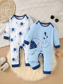 Baby Boys Autumn Winter Stylish Cartoon Animal Print Long Sleeve Jumpsuit Toddler Boys Fall Winter Casual Cute Elephant Print Round Neck Long Sleeve Baby Boys Autumn Winter Cartoon Elephant All-Over Print Round Neck Long Sleeve Jumpsuit - Multicolor - View 1