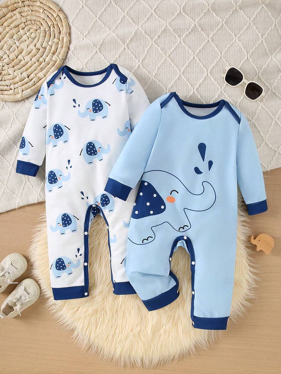 Baby Boys Autumn Winter Stylish Cartoon Animal Print Long Sleeve Jumpsuit Toddler Boys Fall Winter Casual Cute Elephant Print Round Neck Long Sleeve Baby Boys Autumn Winter Cartoon Elephant All-Over Print Round Neck Long Sleeve Jumpsuit - Multicolor - View 1