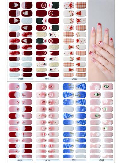 24 ملصق أظافر بطراز عيد الميلاد، شرائط جل أظافر شبه مشفرة، جيل أظافر ملصق الجيل الثاني الناعم، يتطلب مصباح الأظافر، أنماط جميلة