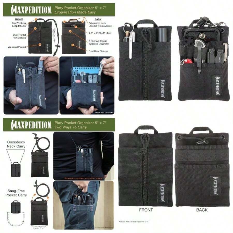 Organizador de Bolsillo Platy, Bolsa de Herramientas EDC Duradera para Hombres, portafolios de Cuello con cordn de Paracord, sostiene Linterna, Multiherramienta, bolgrafo, Cuaderno - Negro - + 12,7 cm x 17,78 cm - Ver 1