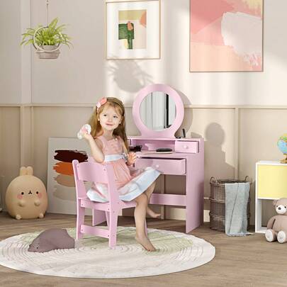 QABA Kids Vanity Set, Children Dressing Table With Mirror, Kids Makeup Table With Stool And Storage Drawers, For Ages 3-8, Pink