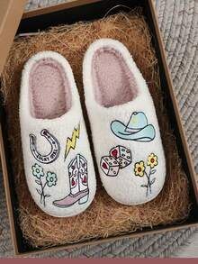1双女士白色刺绣西式牛仔元素毛绒内衬厚款冬季保暖拖鞋 - 彩色 - 查看 10
