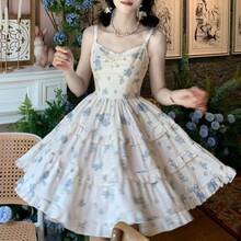 Lolita Dress Autumn Winter New College Style Floral Strap Dress Sweet Off-Shoulder Puffy Cake Dress Girl Dress - Chân váy *5476 Váy chống nắng in hoa màu xanh dương, một mảnh - Xem 12