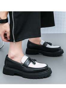 Casual Business Slip-On Loafers With Thick Sole & Tassels, Classic Black & White Color, Suitable For Party, Wedding, Street Wear - Black and White - View 8