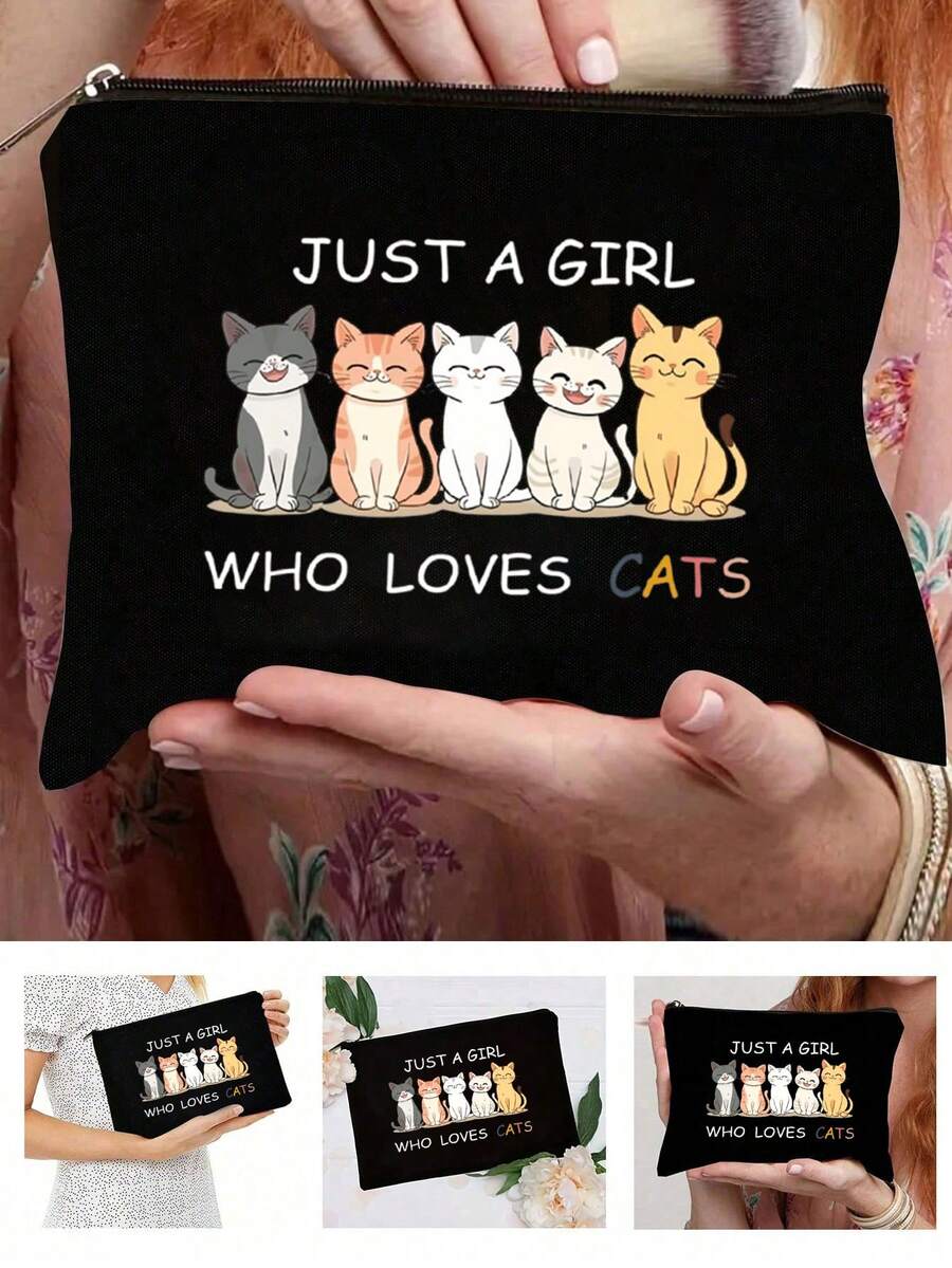 1 pièce Sac cosmétique thème chat mignon, convient aux femmes, filles, amateurs de chats. Trousse zippée pour le voyage, le maquillage, les articles de toilette. Cadeau idéal pour l'anniversaire, Noël, convient aux adolescents, filles, sœurs - Noir - Voir 1