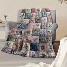 Lightweight Soft Vintage Floral Quilt Design Flannel Throw Blanket Patchwork Multicolor Flowers, All-Season Cozy Travel Office Blanket, Easy To Carry Home Decor, Patchwork Pattern 280gsm X1LG - màu đen - Xem 7