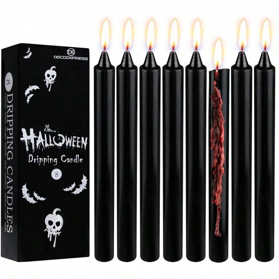 Deco Express Candles Dripping Effect Taper Set Of 8 Halloween Black Wax Gothic Decor Horror P - 黑色 - 查看 1